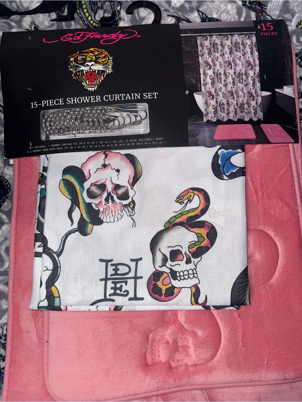 Ed Hardy Skull & Snake Shower Curtain Set in Pink